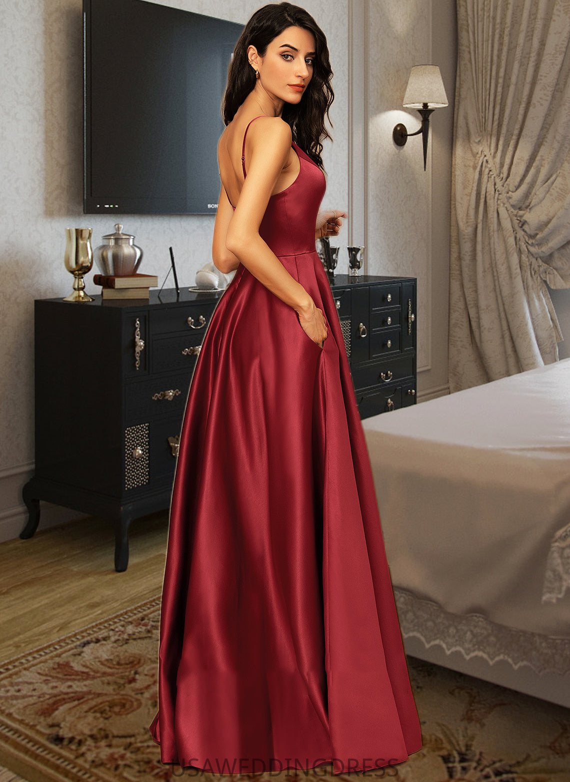 Shiloh A-LineV-neckFloor-LengthSatinBridesmaidDressWithPockets#251382 DSP0013256