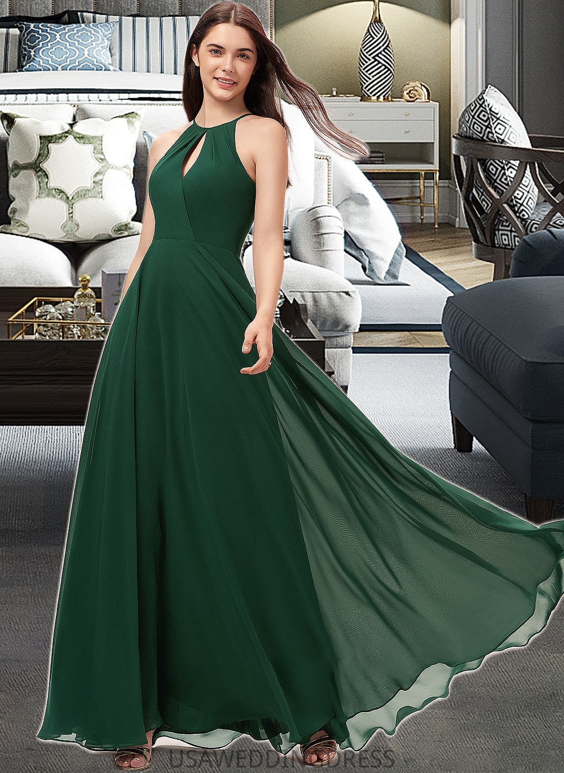 Diana A-Line Scoop Neck Floor-Length Chiffon Bridesmaid Dress DSP0013257