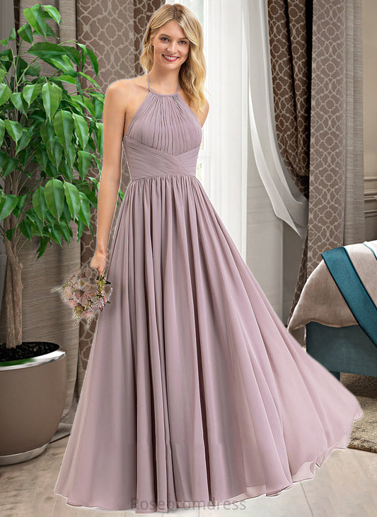 Rita Empire Halter Floor-Length Chiffon Bridesmaid Dress With Ruffle Bow(s) SRSP0013258