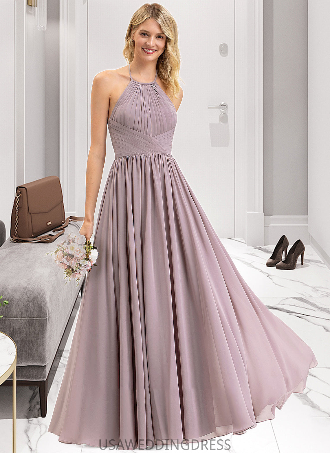 Kamari Empire Halter Floor-Length Chiffon Bridesmaid Dress With Ruffle Bow(s) DSP0013258