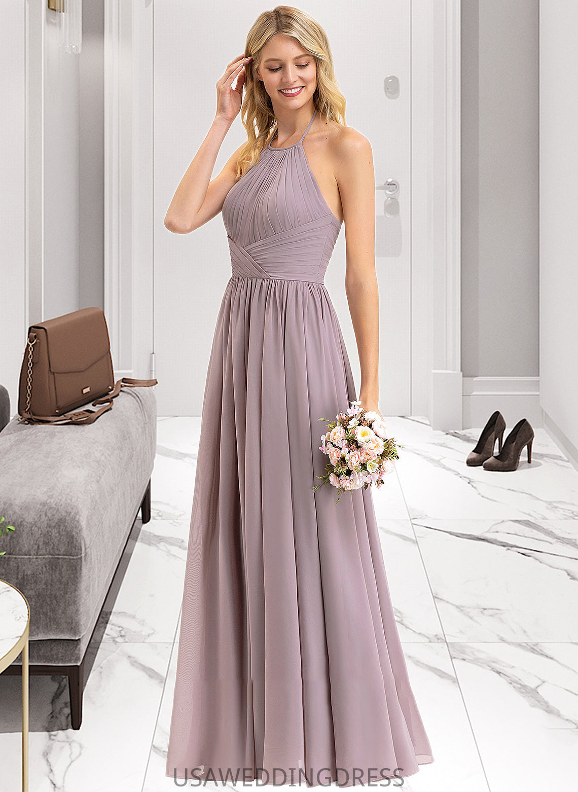 Kamari Empire Halter Floor-Length Chiffon Bridesmaid Dress With Ruffle Bow(s) DSP0013258