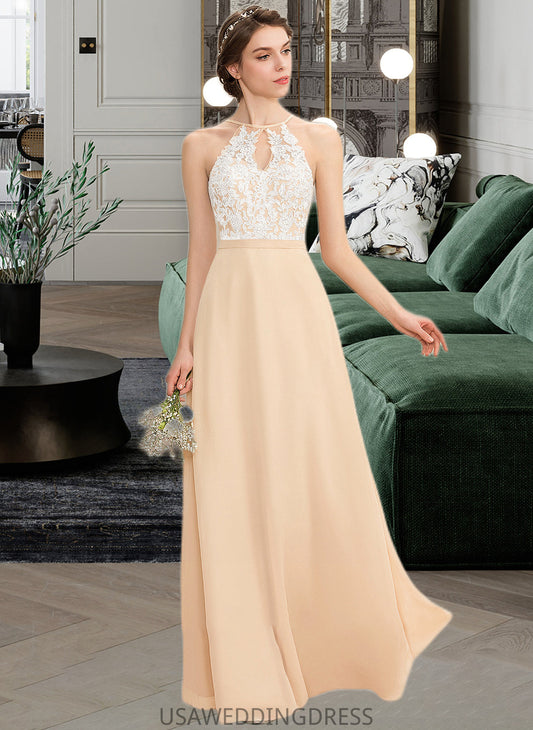 Lucia A-Line Scoop Neck Floor-Length Chiffon Lace Bridesmaid Dress With Bow(s) DSP0013259