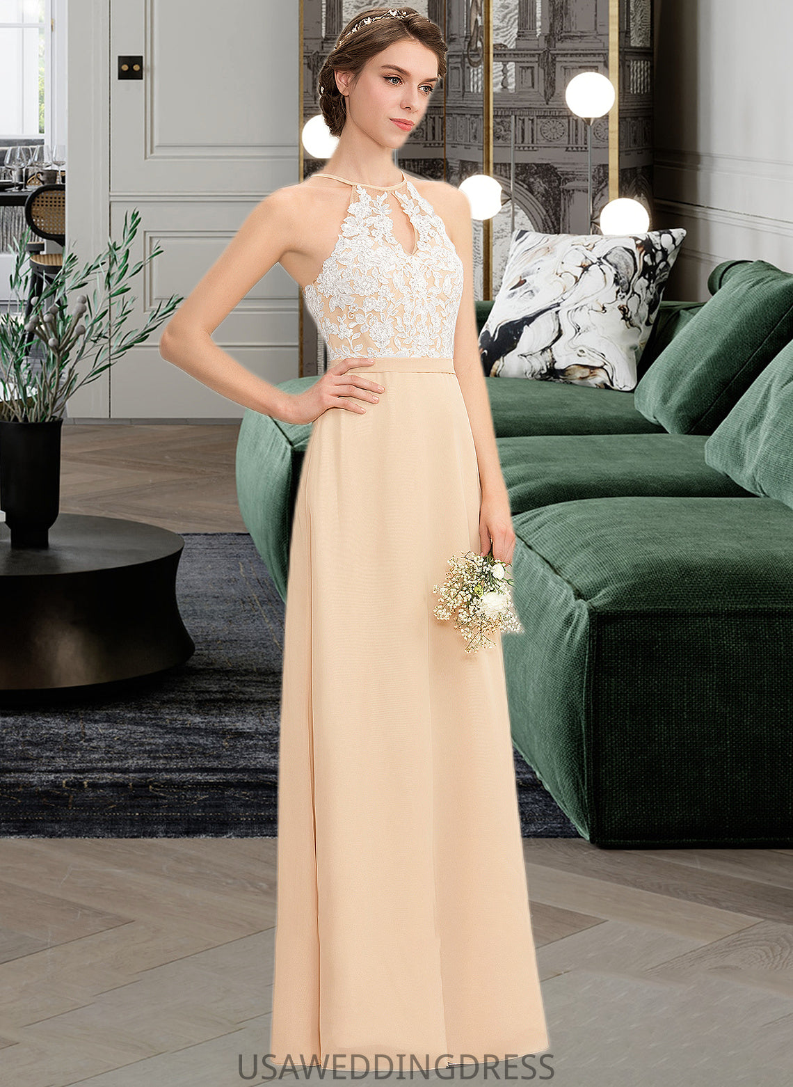 Lucia A-Line Scoop Neck Floor-Length Chiffon Lace Bridesmaid Dress With Bow(s) DSP0013259