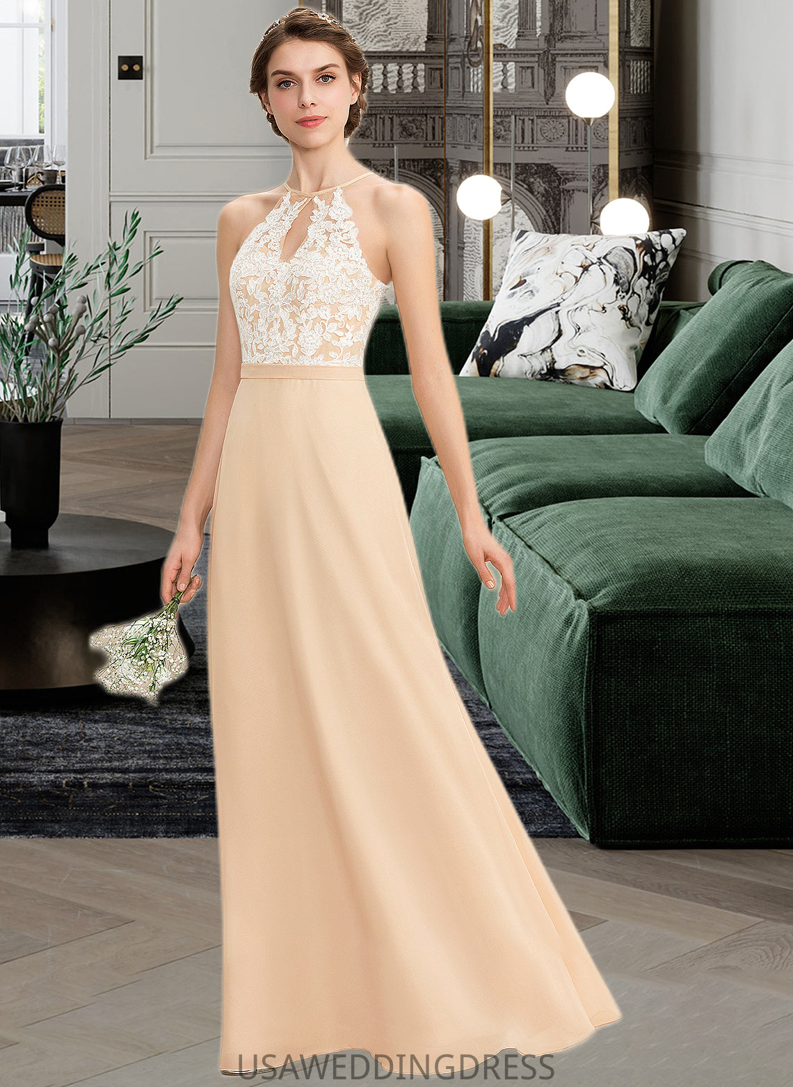 Lucia A-Line Scoop Neck Floor-Length Chiffon Lace Bridesmaid Dress With Bow(s) DSP0013259
