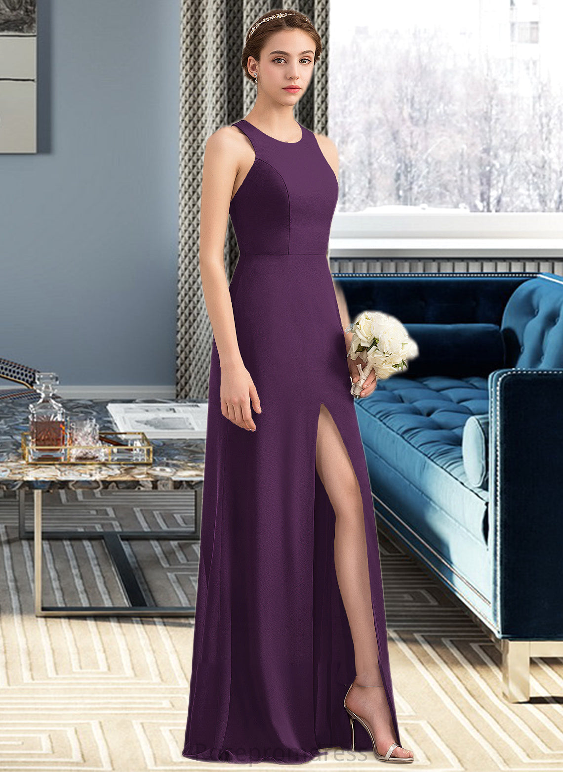 Viola A-Line Scoop Neck Floor-Length Chiffon Bridesmaid Dress With Split Front SRSP0013260