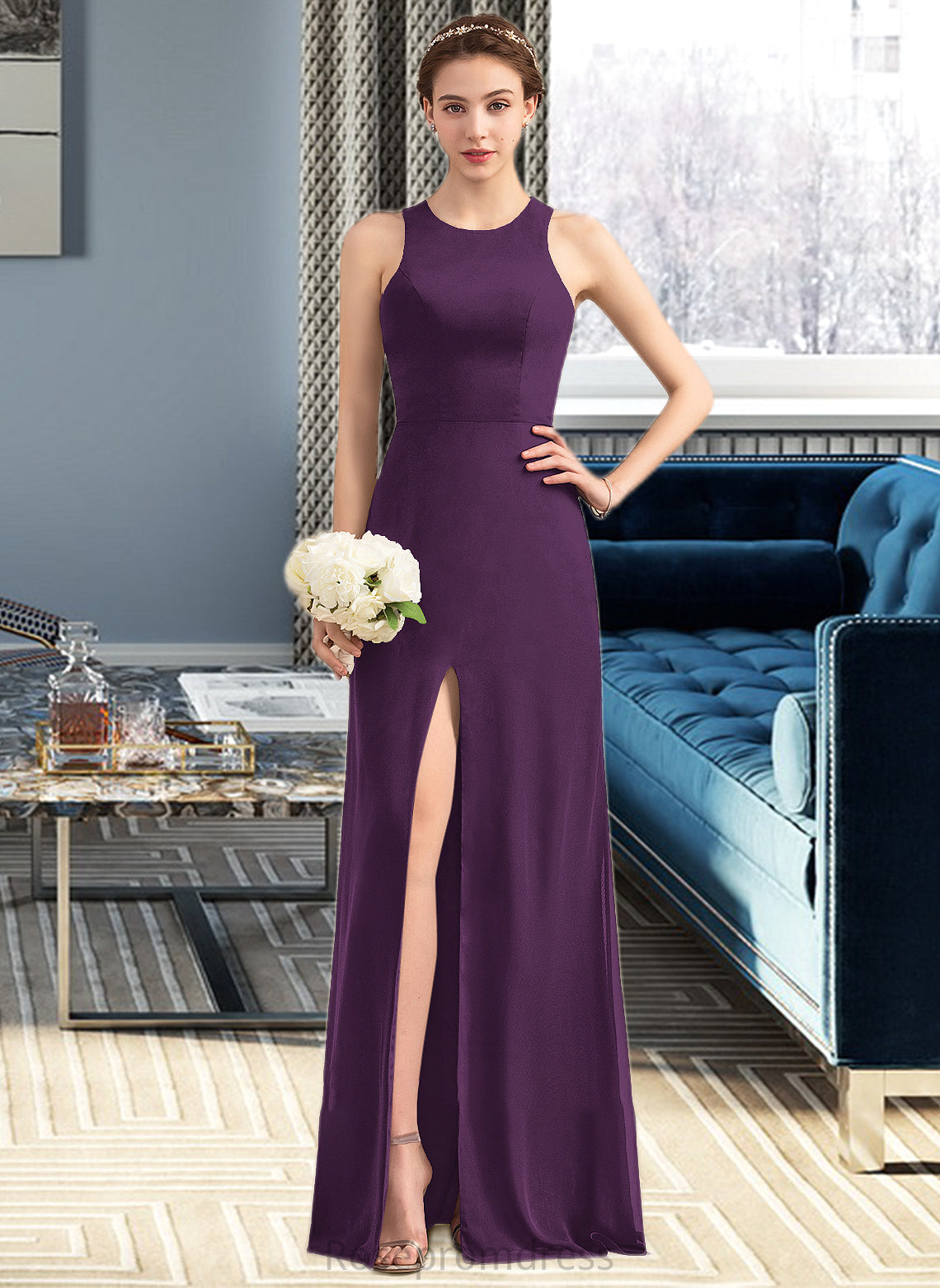 Viola A-Line Scoop Neck Floor-Length Chiffon Bridesmaid Dress With Split Front SRSP0013260