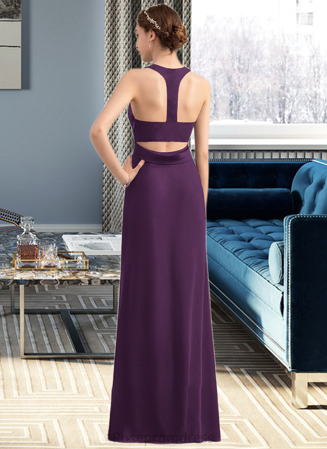 Viola A-Line Scoop Neck Floor-Length Chiffon Bridesmaid Dress With Split Front SRSP0013260