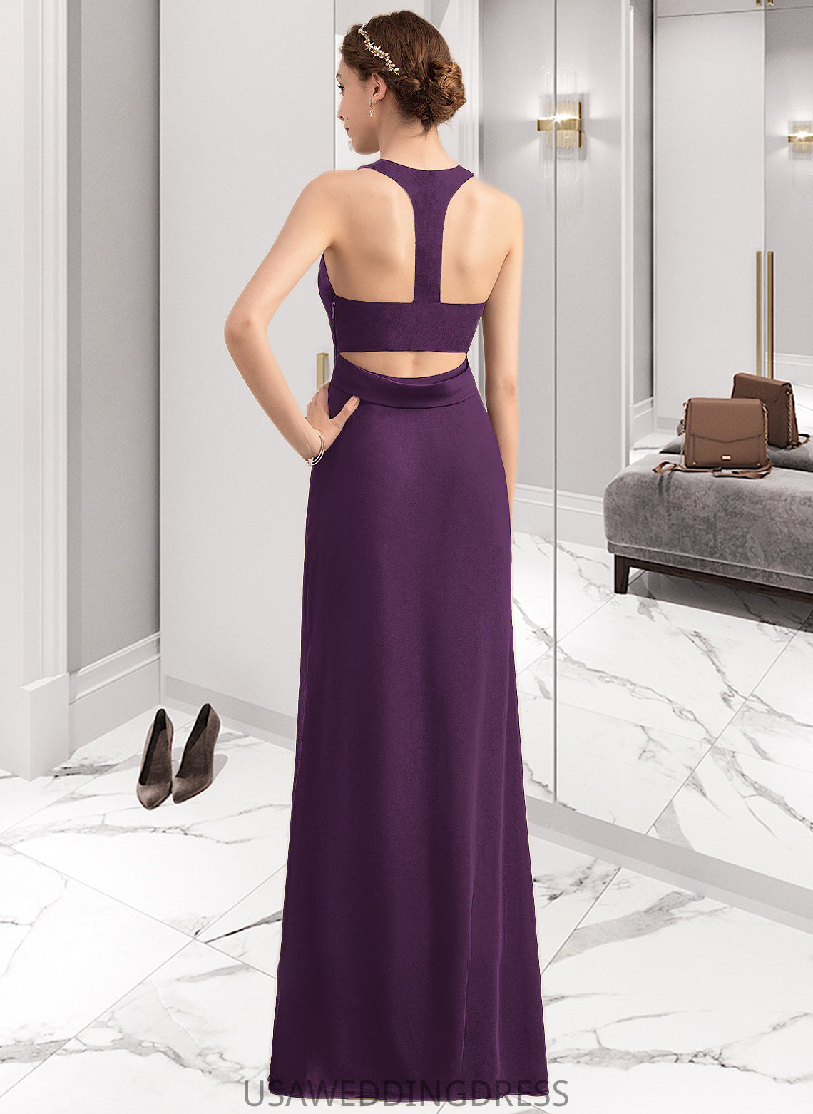 Kyra A-Line Scoop Neck Floor-Length Chiffon Bridesmaid Dress With Split Front DSP0013260