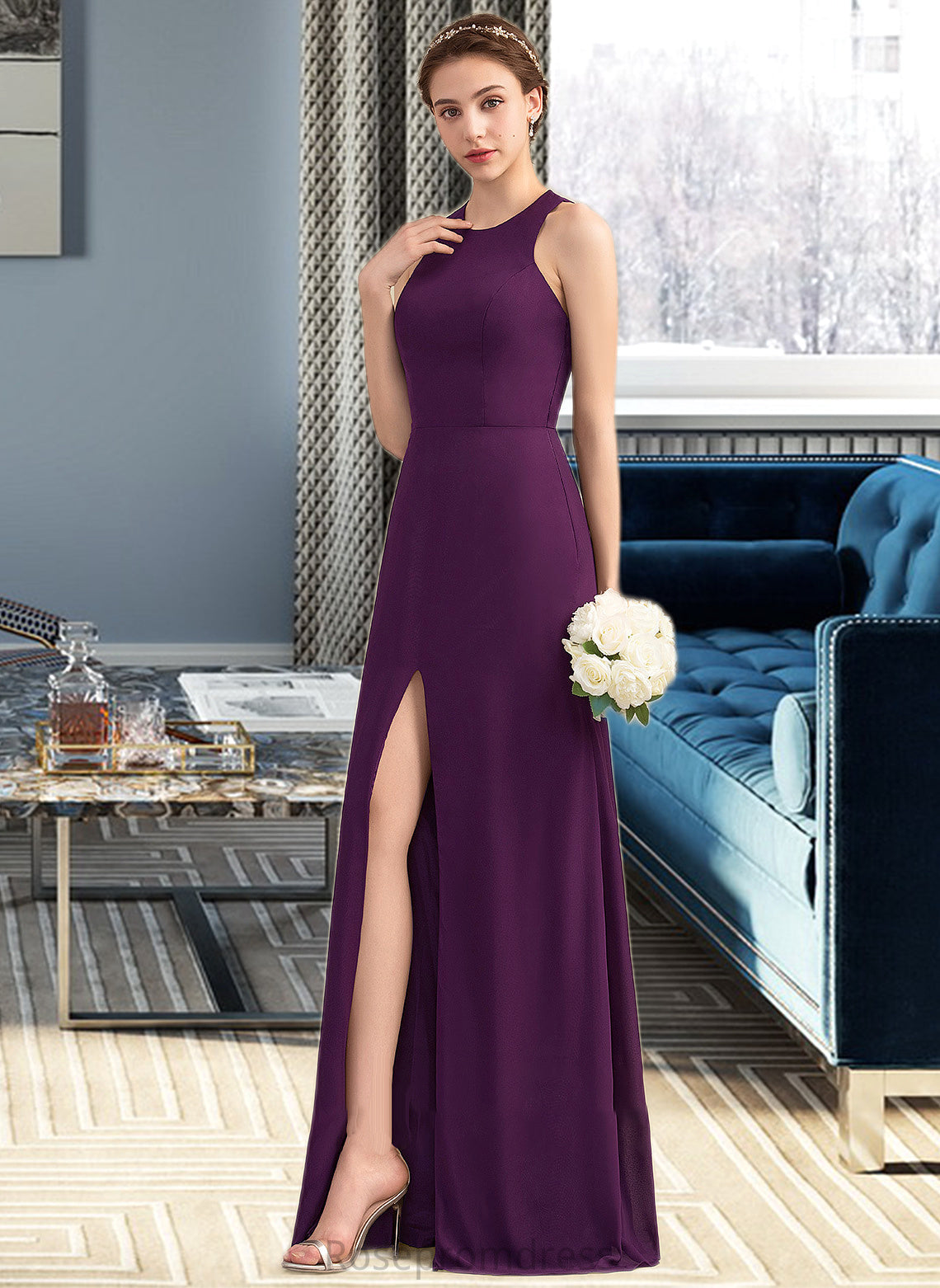 Viola A-Line Scoop Neck Floor-Length Chiffon Bridesmaid Dress With Split Front SRSP0013260