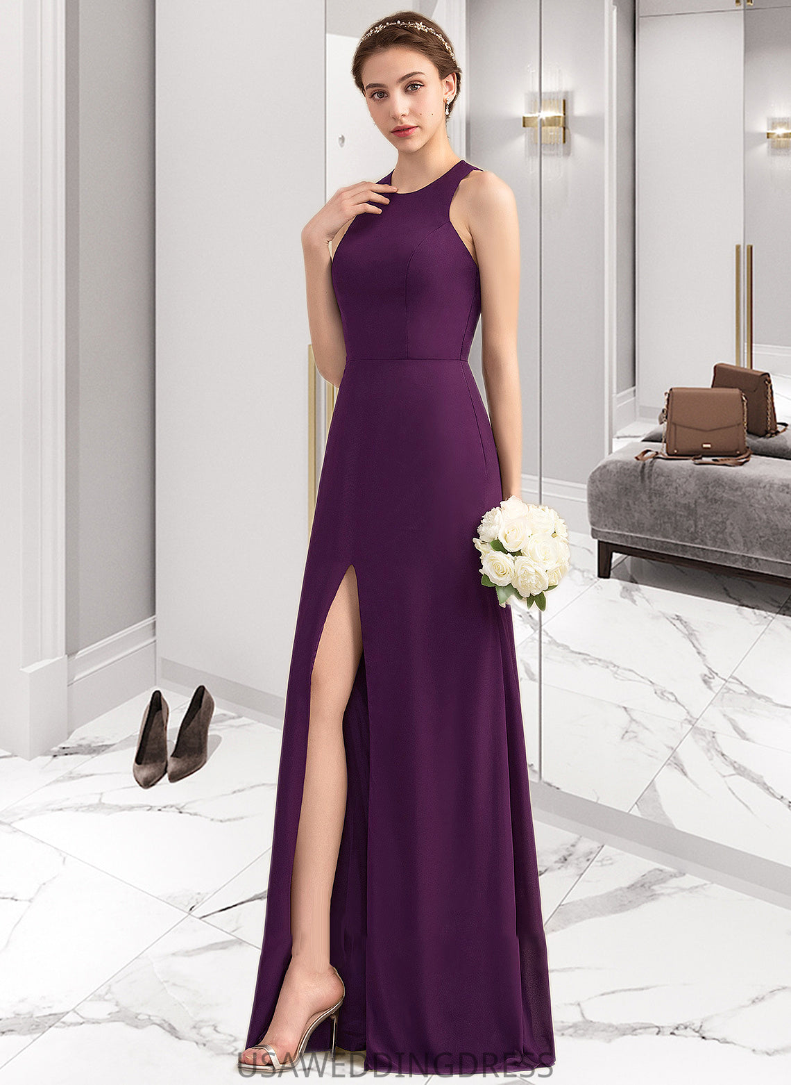 Kyra A-Line Scoop Neck Floor-Length Chiffon Bridesmaid Dress With Split Front DSP0013260