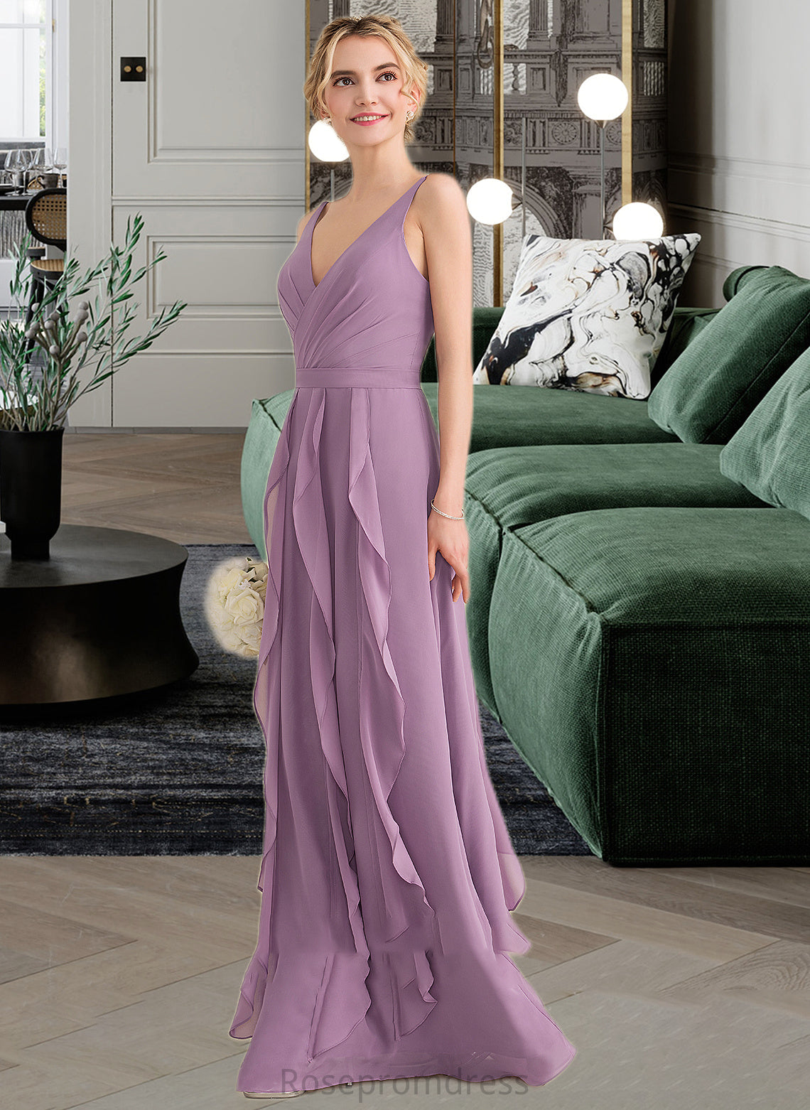 Melissa A-Line V-neck Floor-Length Chiffon Bridesmaid Dress With Cascading Ruffles SRSP0013261
