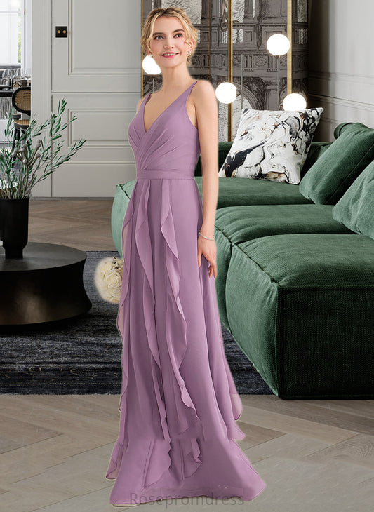 Melissa A-Line V-neck Floor-Length Chiffon Bridesmaid Dress With Cascading Ruffles SRSP0013261