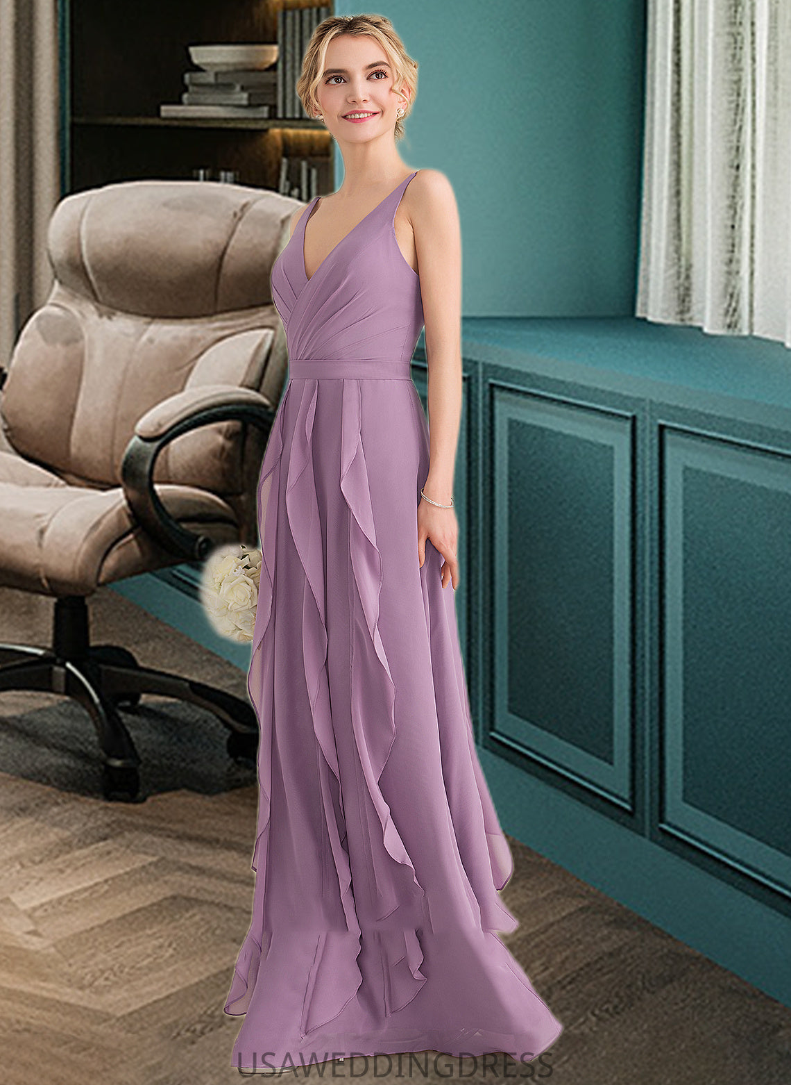 Jamie A-Line V-neck Floor-Length Chiffon Bridesmaid Dress With Cascading Ruffles DSP0013261