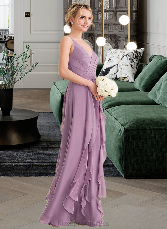 Melissa A-Line V-neck Floor-Length Chiffon Bridesmaid Dress With Cascading Ruffles SRSP0013261