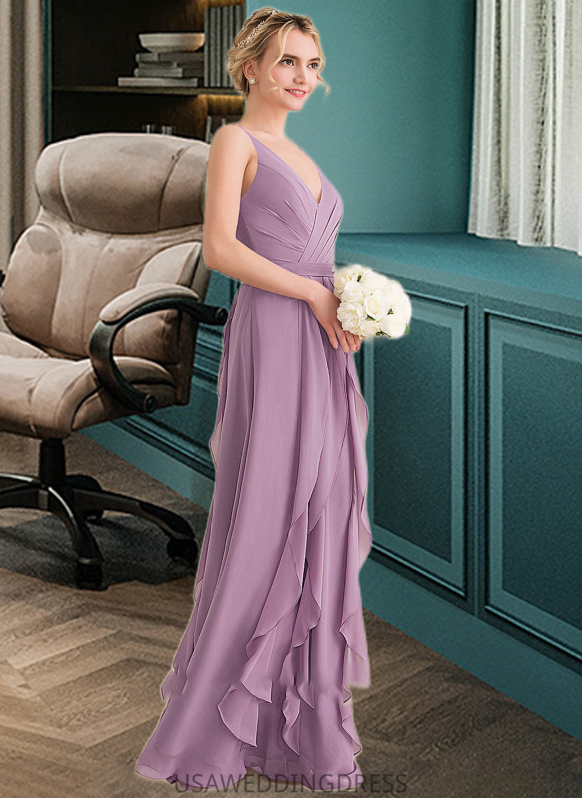 Jamie A-Line V-neck Floor-Length Chiffon Bridesmaid Dress With Cascading Ruffles DSP0013261