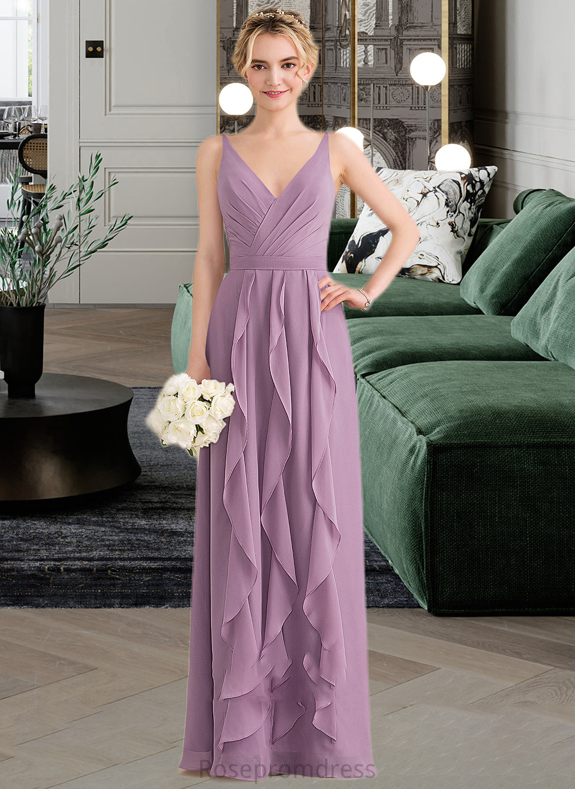 Melissa A-Line V-neck Floor-Length Chiffon Bridesmaid Dress With Cascading Ruffles SRSP0013261