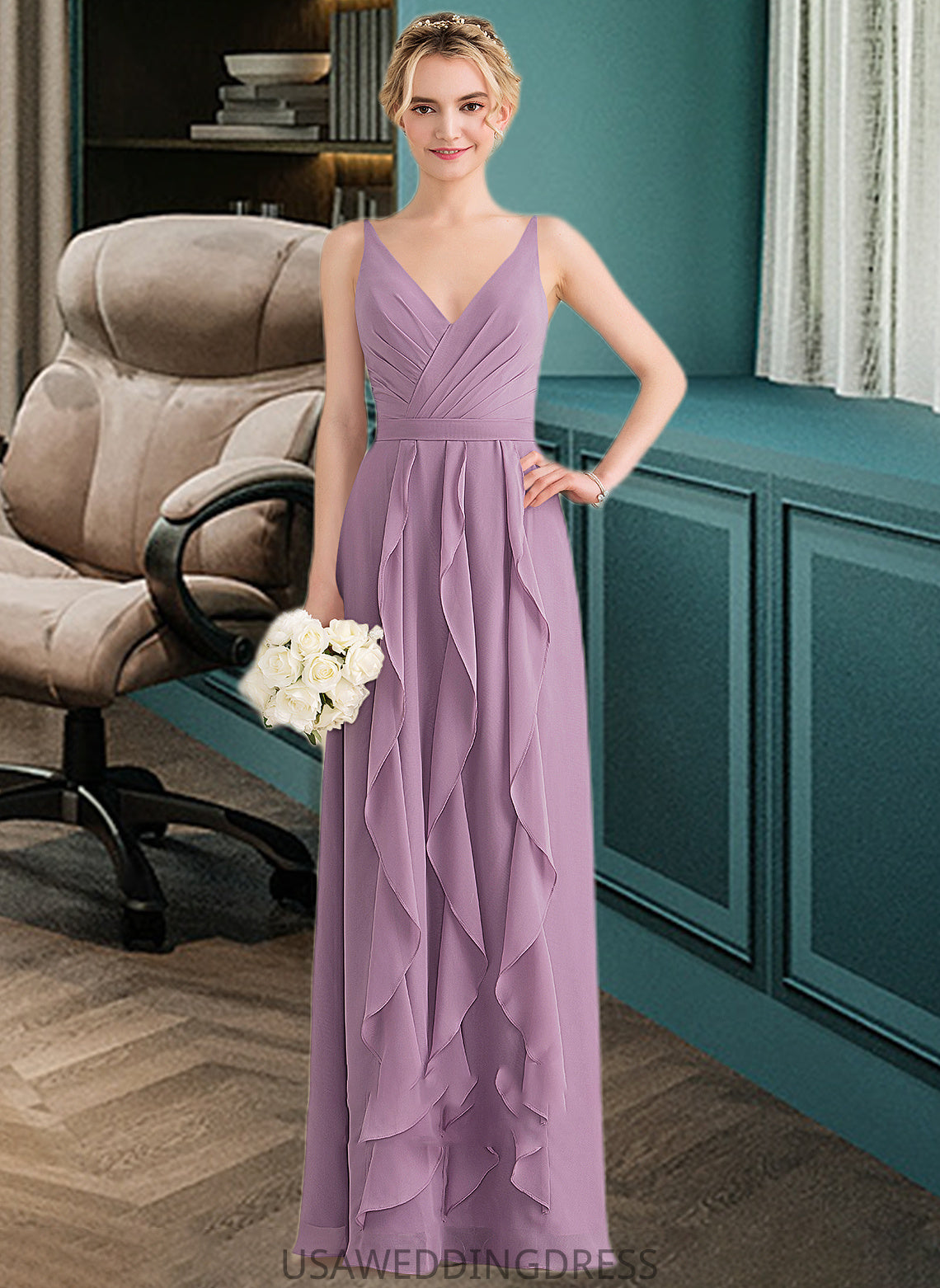Jamie A-Line V-neck Floor-Length Chiffon Bridesmaid Dress With Cascading Ruffles DSP0013261