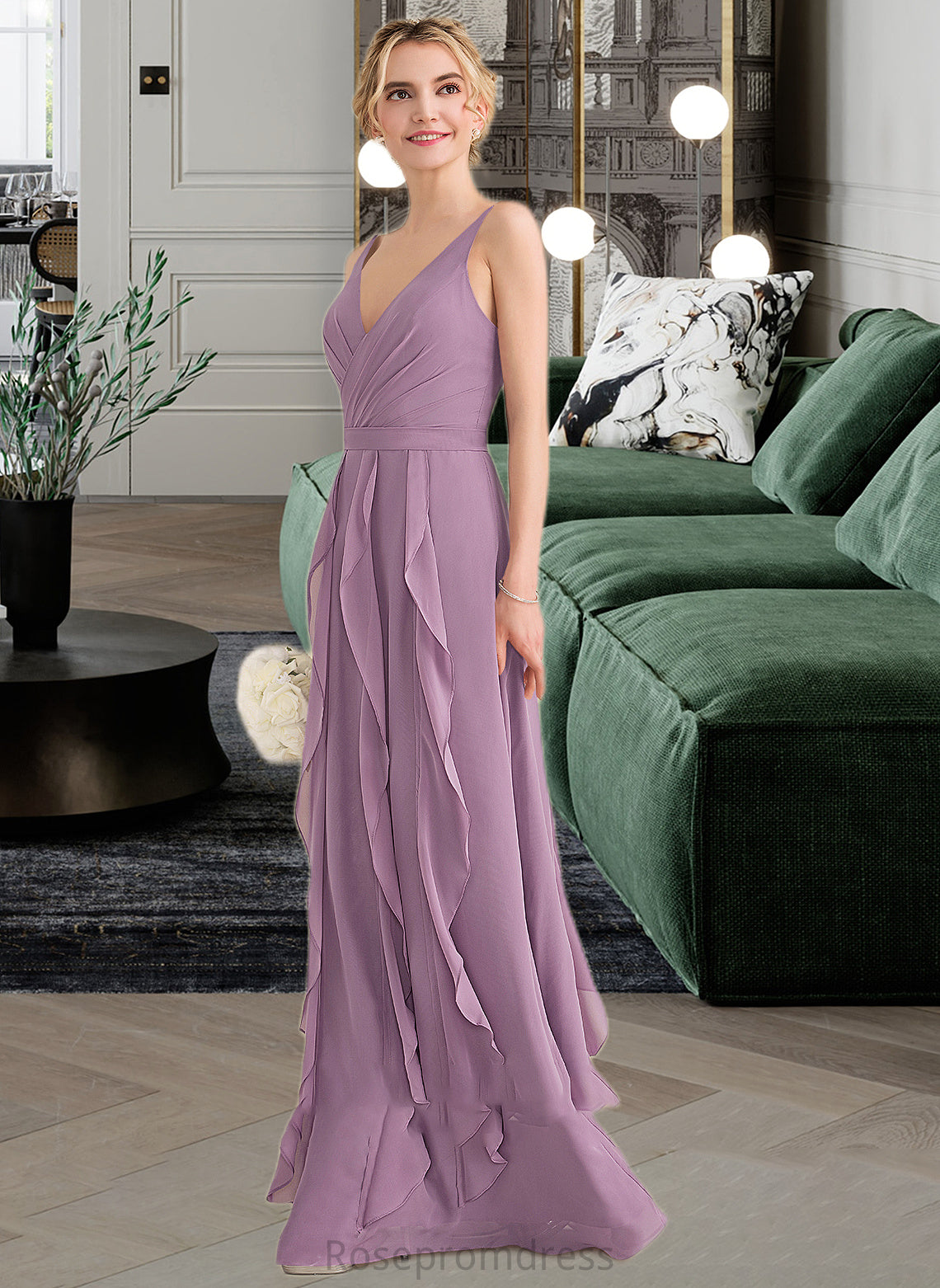 Melissa A-Line V-neck Floor-Length Chiffon Bridesmaid Dress With Cascading Ruffles SRSP0013261