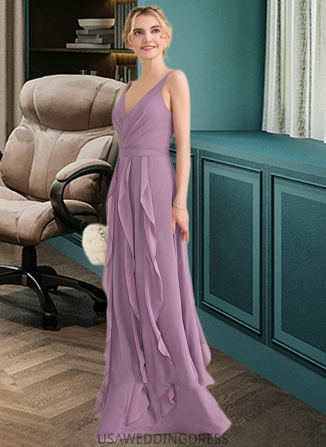 Jamie A-Line V-neck Floor-Length Chiffon Bridesmaid Dress With Cascading Ruffles DSP0013261