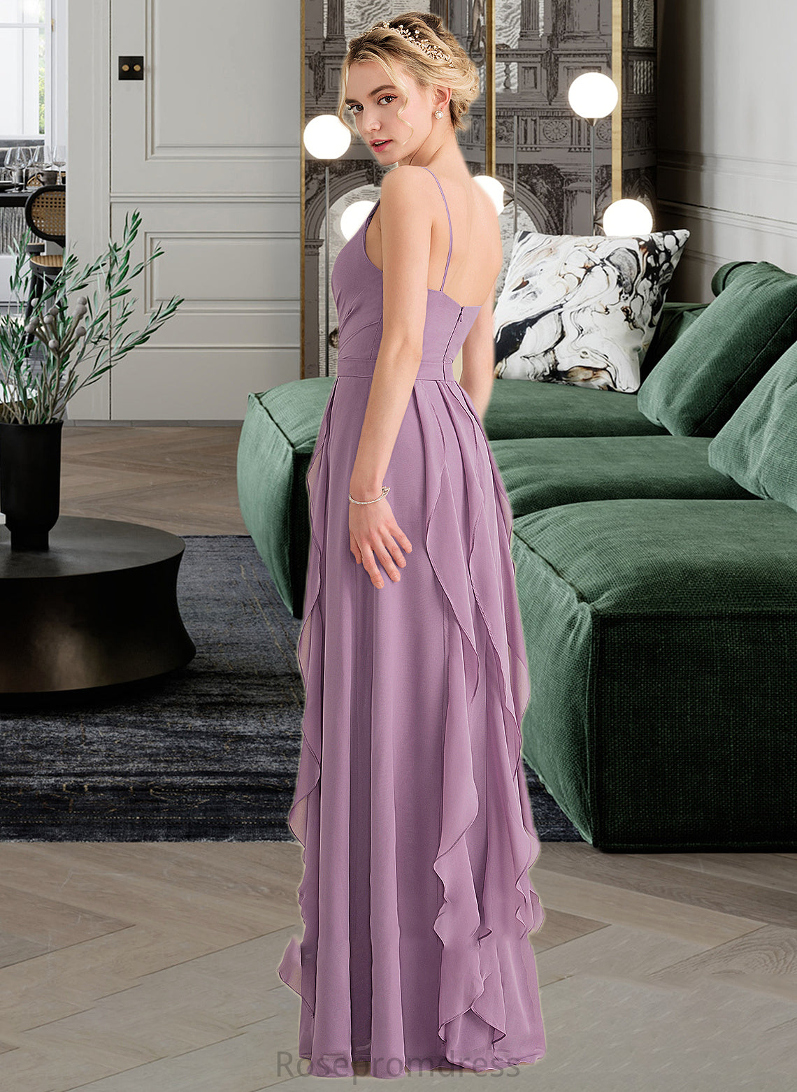 Melissa A-Line V-neck Floor-Length Chiffon Bridesmaid Dress With Cascading Ruffles SRSP0013261