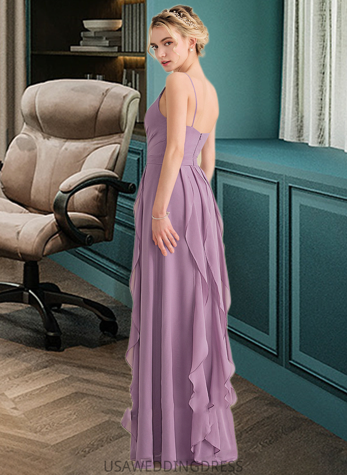 Jamie A-Line V-neck Floor-Length Chiffon Bridesmaid Dress With Cascading Ruffles DSP0013261
