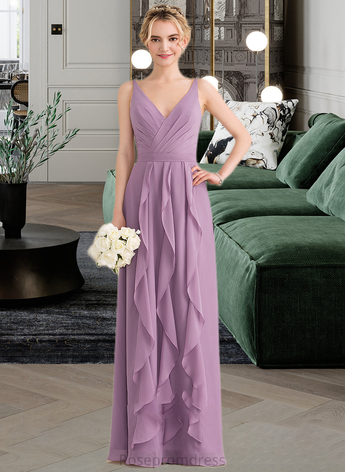 Melissa A-Line V-neck Floor-Length Chiffon Bridesmaid Dress With Cascading Ruffles SRSP0013261