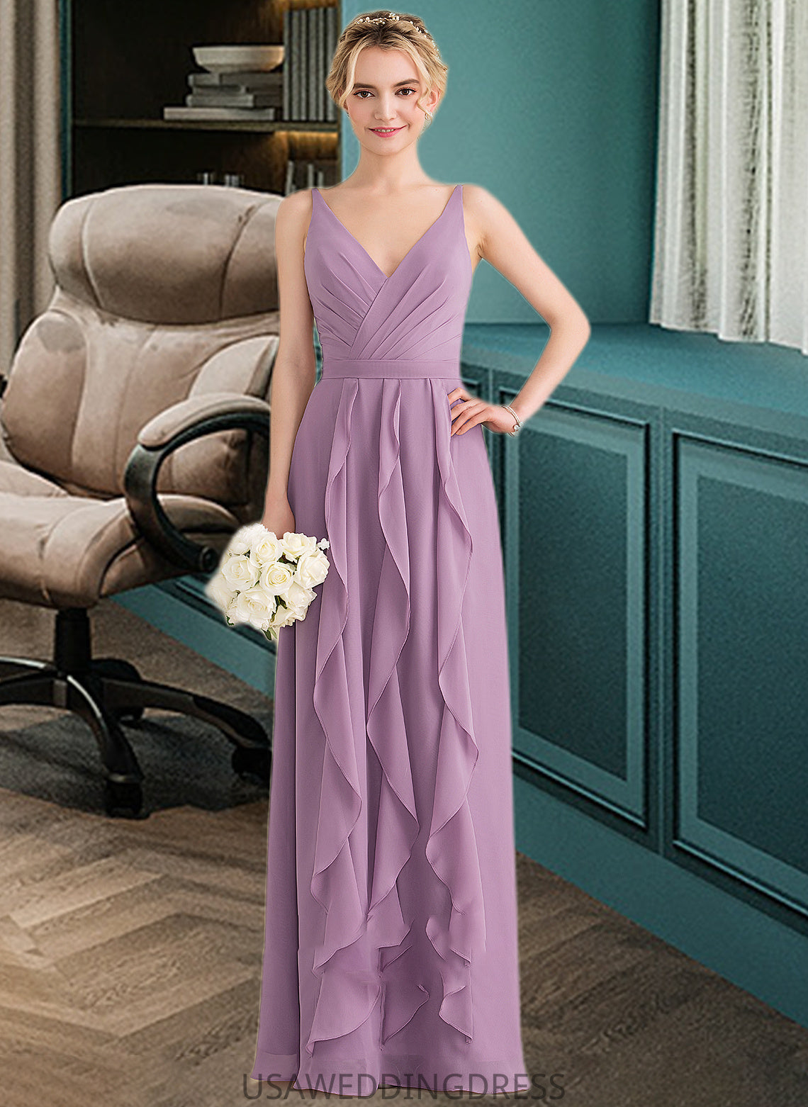 Jamie A-Line V-neck Floor-Length Chiffon Bridesmaid Dress With Cascading Ruffles DSP0013261