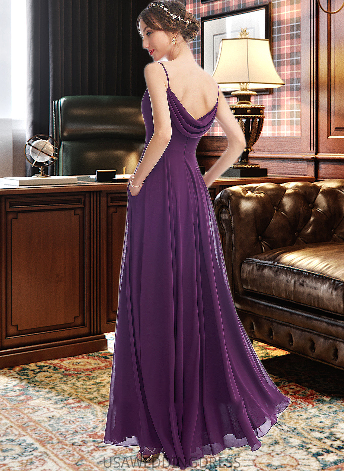 Noelle A-Line V-neck Floor-Length Bridesmaid Dress With Pockets DSP0013263