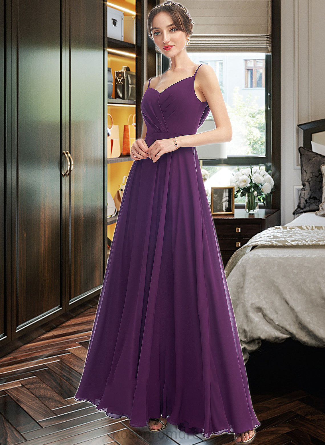 Ciara A-Line V-neck Floor-Length Bridesmaid Dress With Pockets SRSP0013263