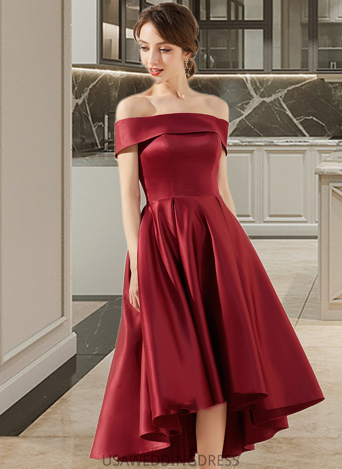 Charlie A-Line Off-the-Shoulder Asymmetrical Satin Bridesmaid Dress With Pockets DSP0013264