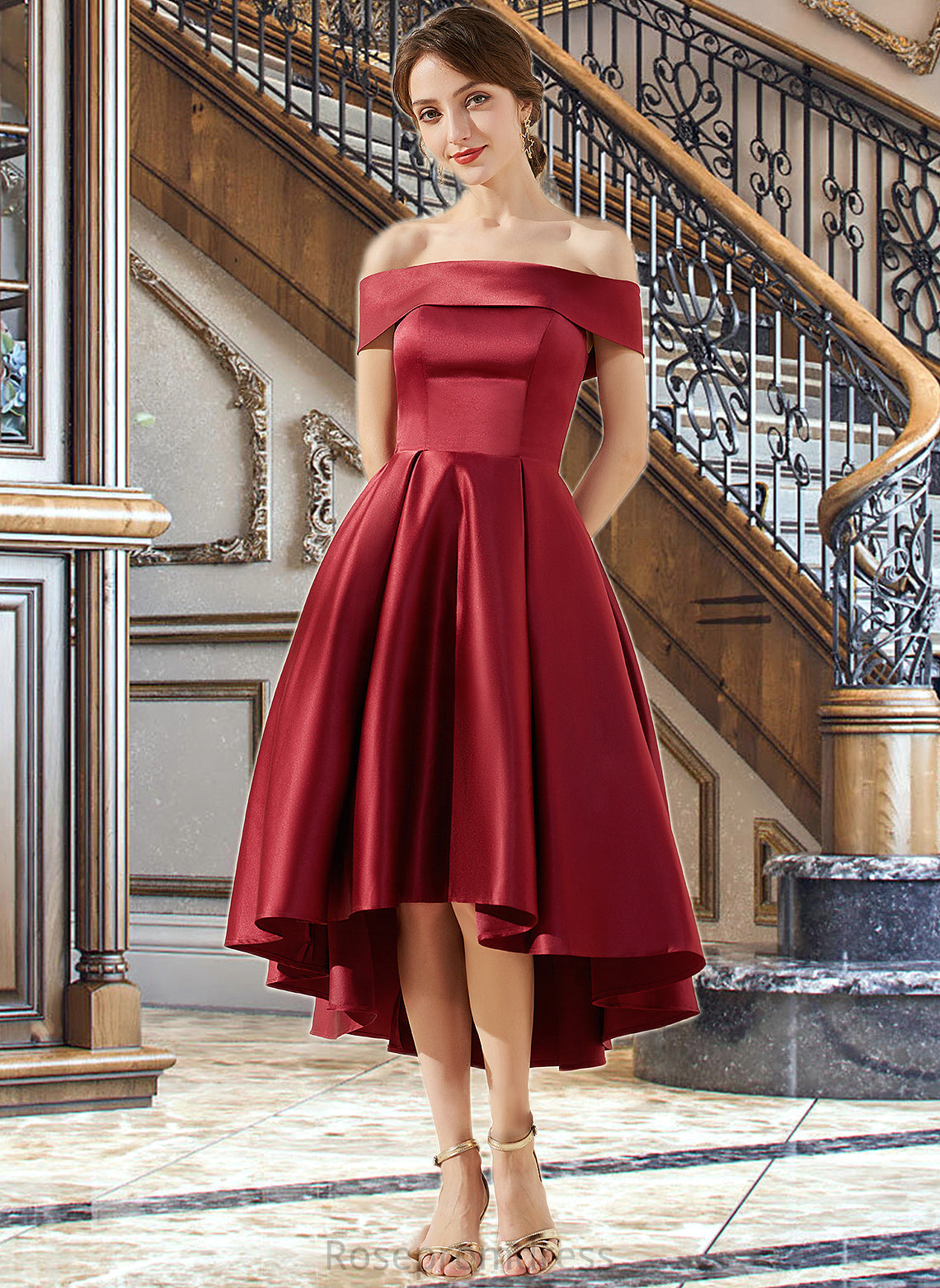Allyson A-Line Off-the-Shoulder Asymmetrical Satin Bridesmaid Dress With Pockets SRSP0013264