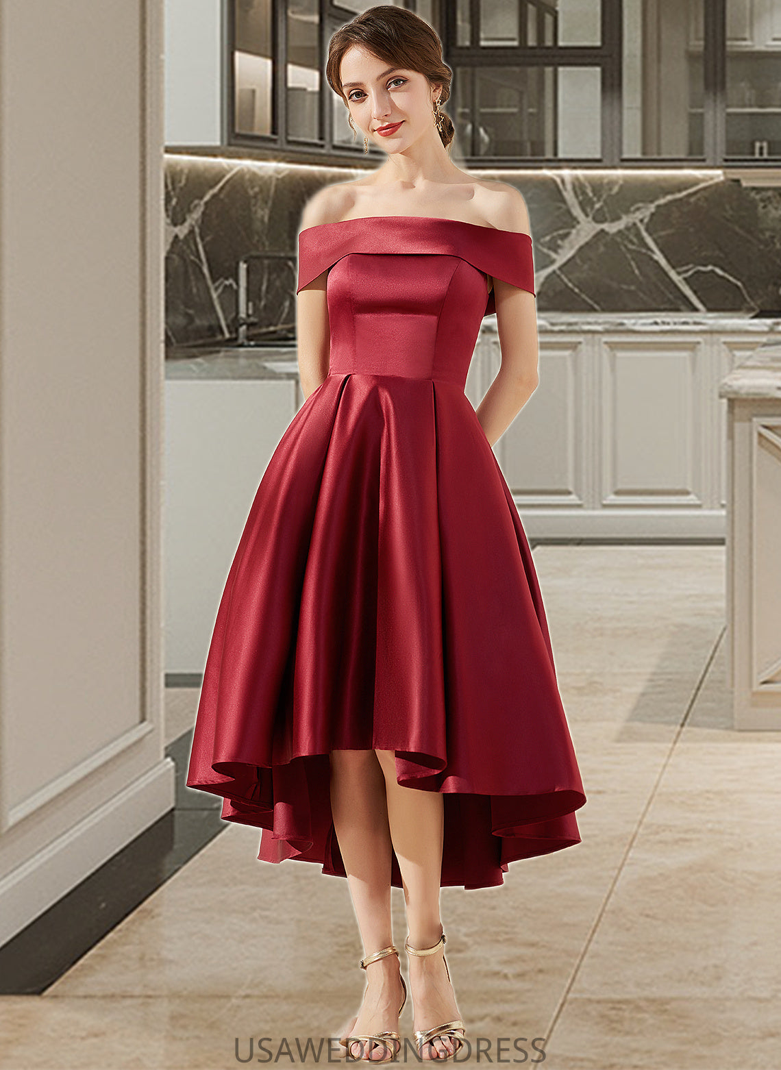 Charlie A-Line Off-the-Shoulder Asymmetrical Satin Bridesmaid Dress With Pockets DSP0013264