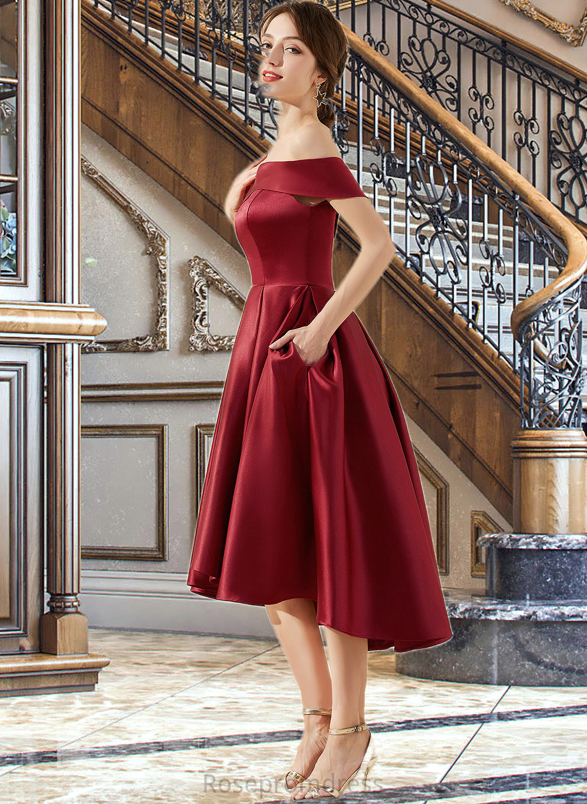 Allyson A-Line Off-the-Shoulder Asymmetrical Satin Bridesmaid Dress With Pockets SRSP0013264