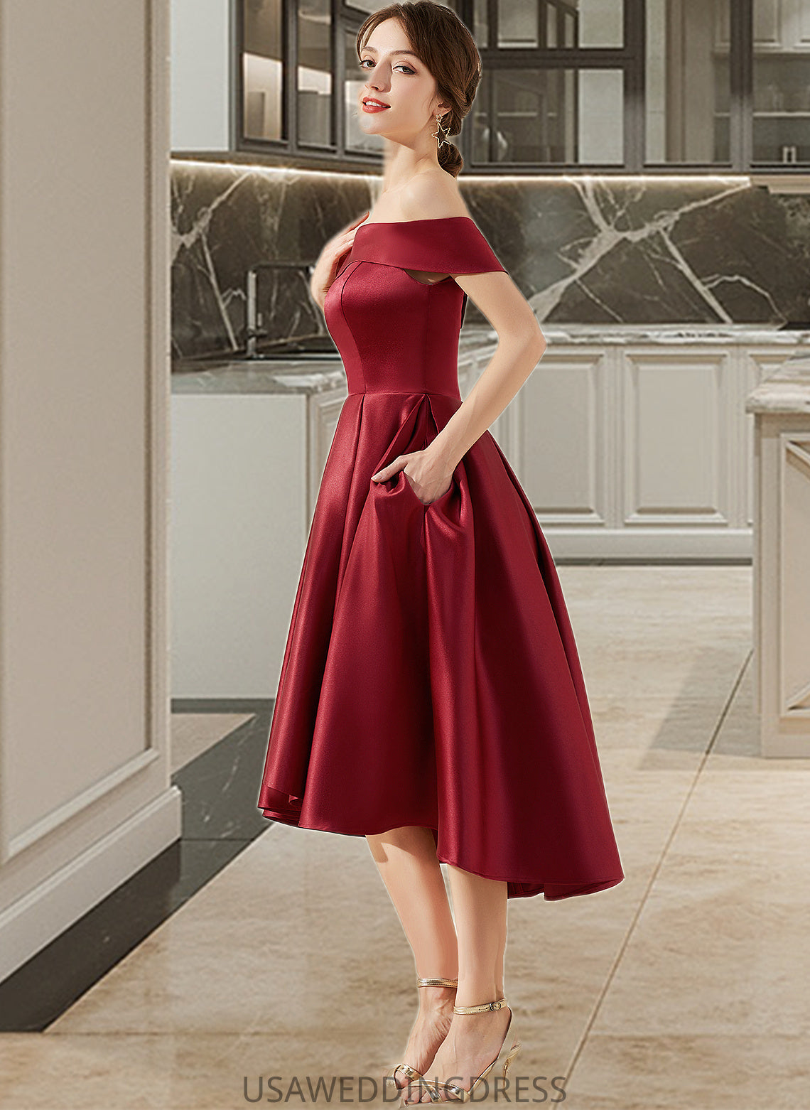 Charlie A-Line Off-the-Shoulder Asymmetrical Satin Bridesmaid Dress With Pockets DSP0013264