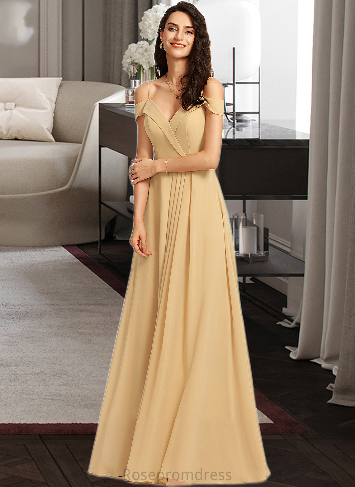 Thalia A-Line V-neck Floor-Length Bridesmaid Dress SRSP0013265