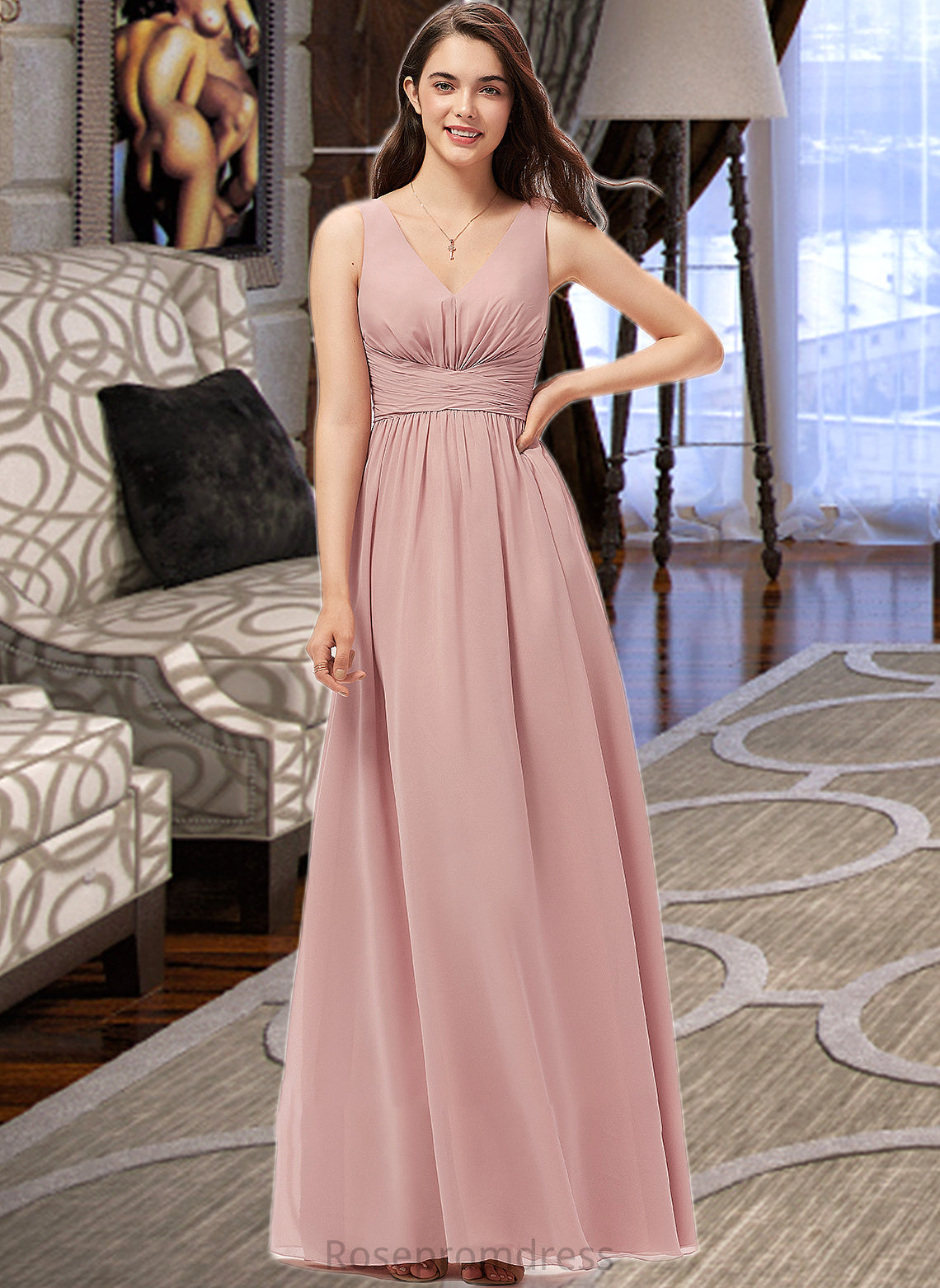Finley A-Line V-neck Floor-Length Chiffon Bridesmaid Dress With Ruffle SRSP0013266