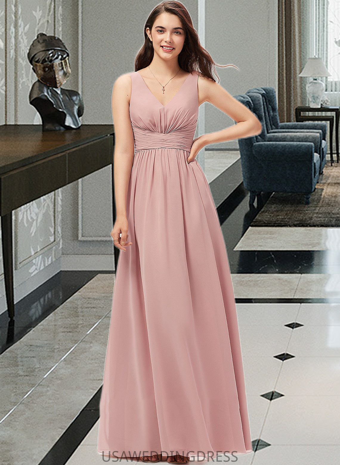 Lilith A-Line V-neck Floor-Length Chiffon Bridesmaid Dress With Ruffle DSP0013266
