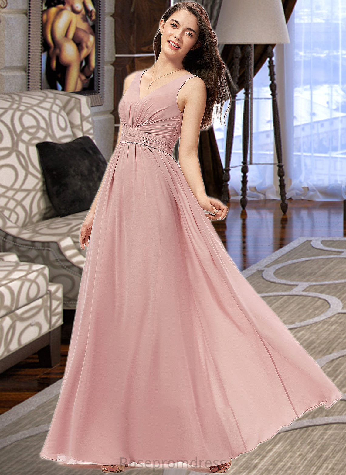 Finley A-Line V-neck Floor-Length Chiffon Bridesmaid Dress With Ruffle SRSP0013266