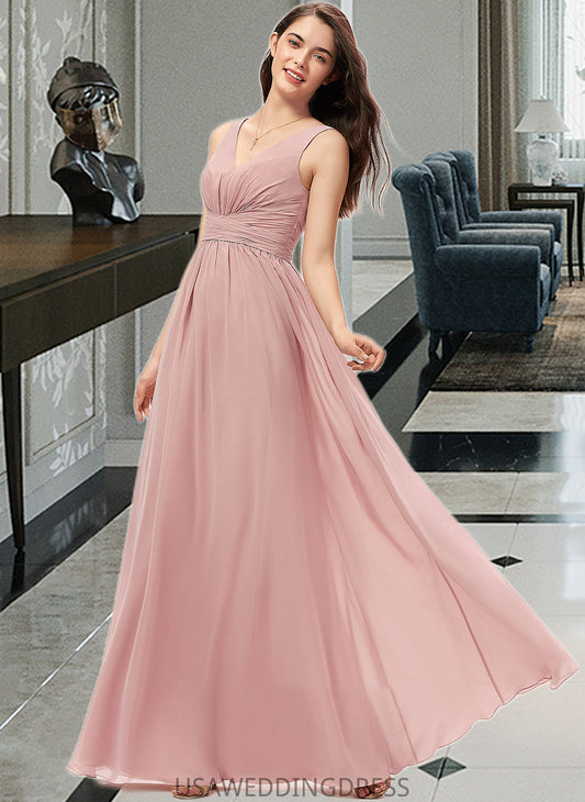 Lilith A-Line V-neck Floor-Length Chiffon Bridesmaid Dress With Ruffle DSP0013266