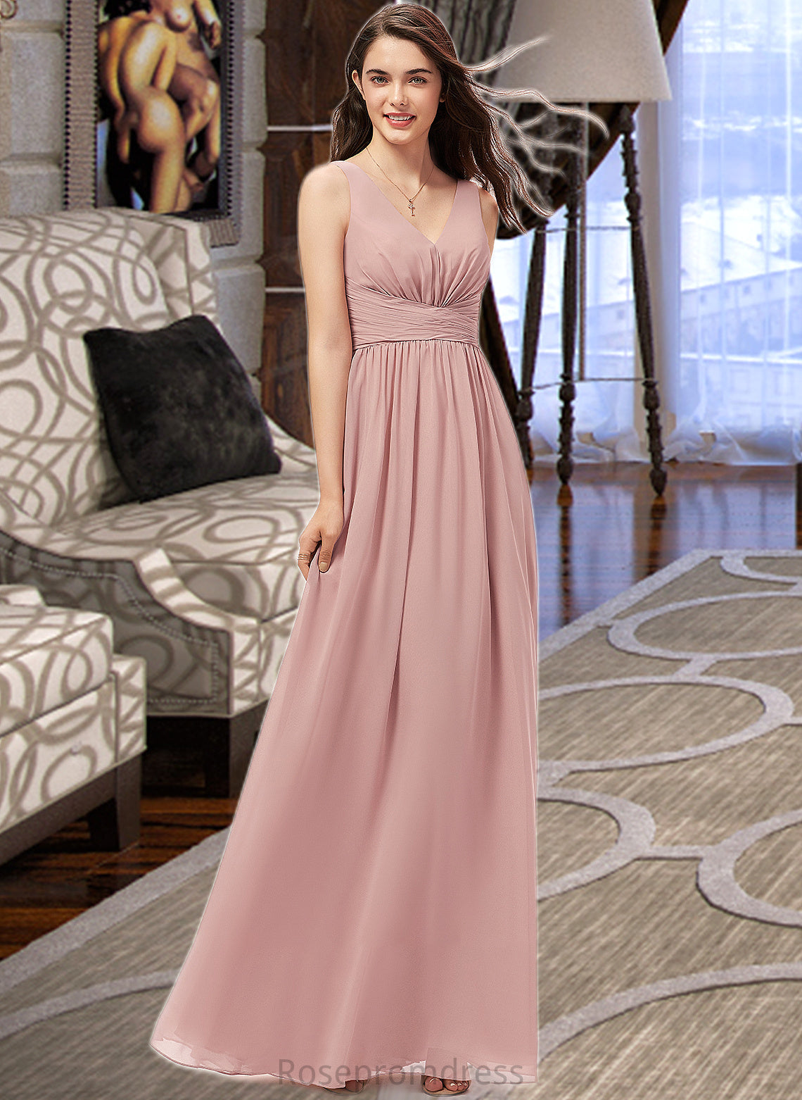 Finley A-Line V-neck Floor-Length Chiffon Bridesmaid Dress With Ruffle SRSP0013266
