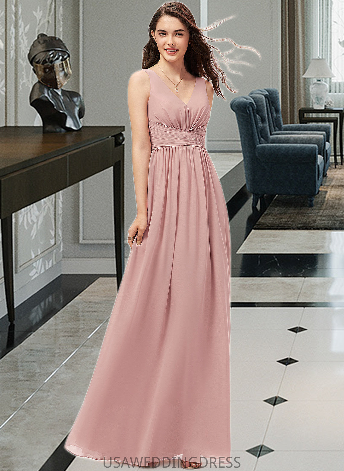 Lilith A-Line V-neck Floor-Length Chiffon Bridesmaid Dress With Ruffle DSP0013266