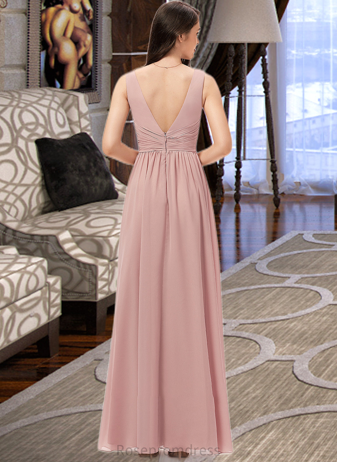 Finley A-Line V-neck Floor-Length Chiffon Bridesmaid Dress With Ruffle SRSP0013266