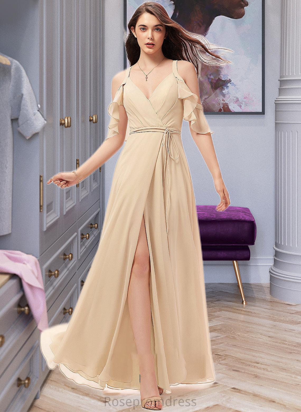 Charlotte A-Line V-neck Floor-Length Chiffon Bridesmaid Dress With Ruffle Split Front SRSP0013267