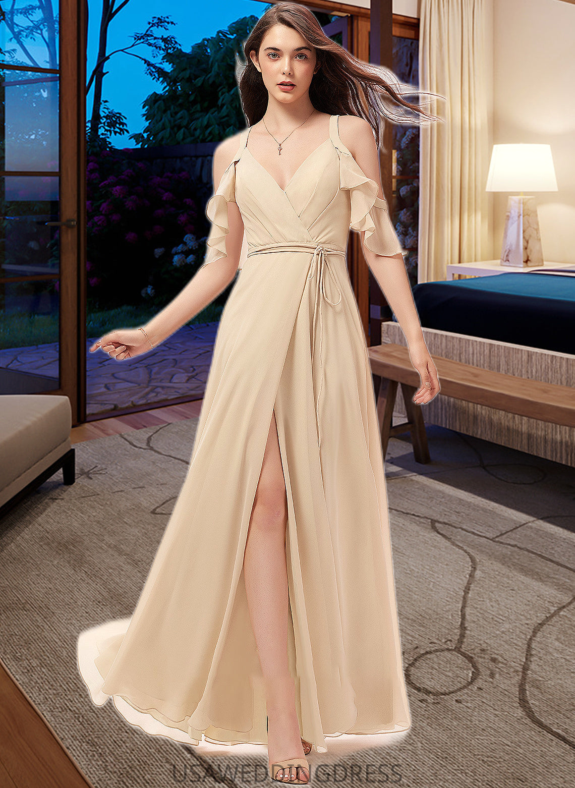 Adyson A-Line V-neck Floor-Length Chiffon Bridesmaid Dress With Ruffle Split Front DSP0013267