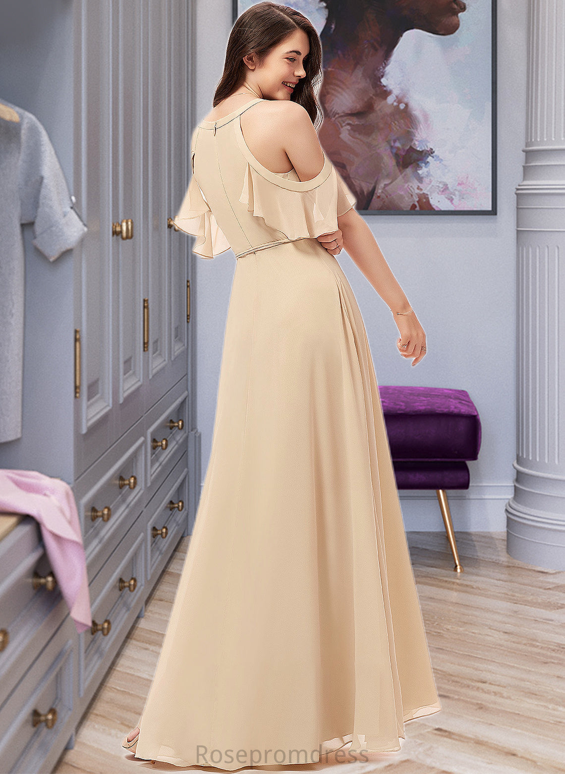 Charlotte A-Line V-neck Floor-Length Chiffon Bridesmaid Dress With Ruffle Split Front SRSP0013267