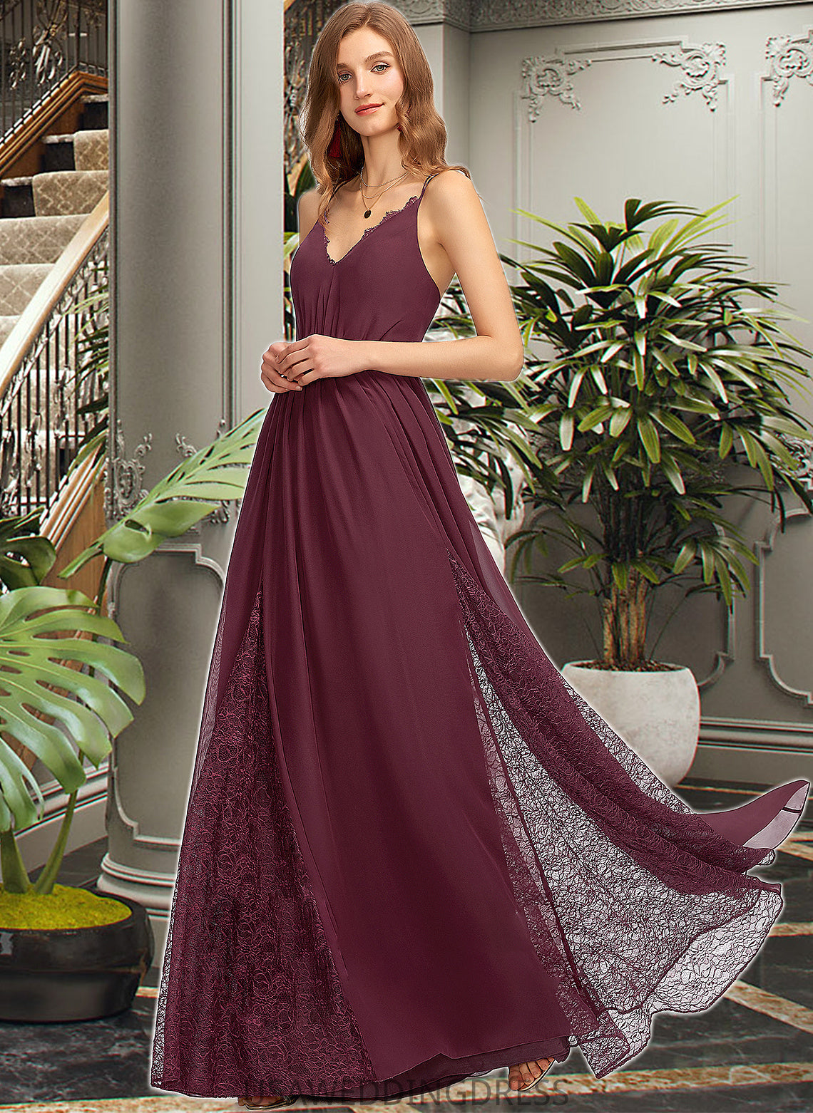 Jordyn A-Line V-neck Floor-Length Chiffon Lace Bridesmaid Dress DSP0013268
