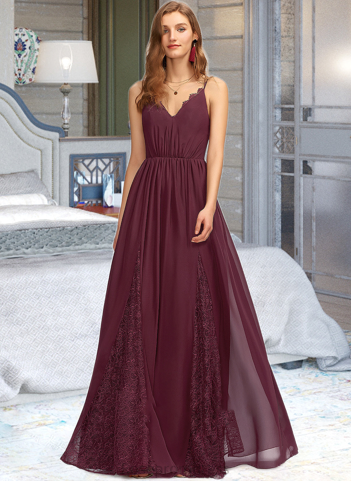Tracy A-Line V-neck Floor-Length Chiffon Lace Bridesmaid Dress SRSP0013268
