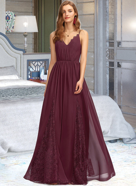 Tracy A-Line V-neck Floor-Length Chiffon Lace Bridesmaid Dress SRSP0013268