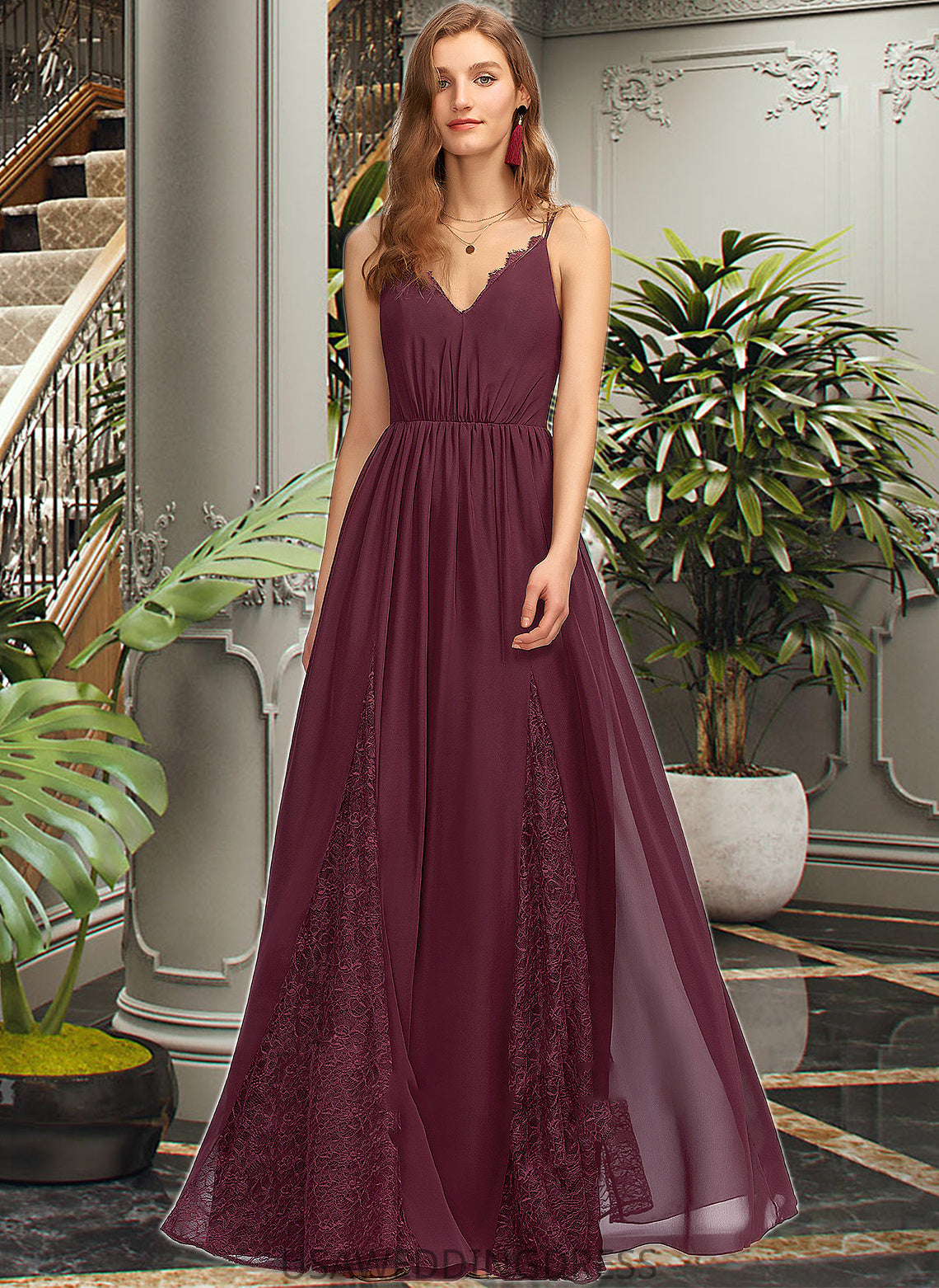 Jordyn A-Line V-neck Floor-Length Chiffon Lace Bridesmaid Dress DSP0013268