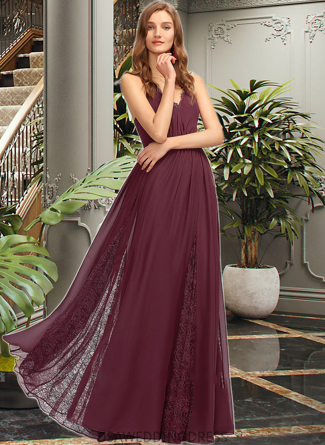 Jordyn A-Line V-neck Floor-Length Chiffon Lace Bridesmaid Dress DSP0013268
